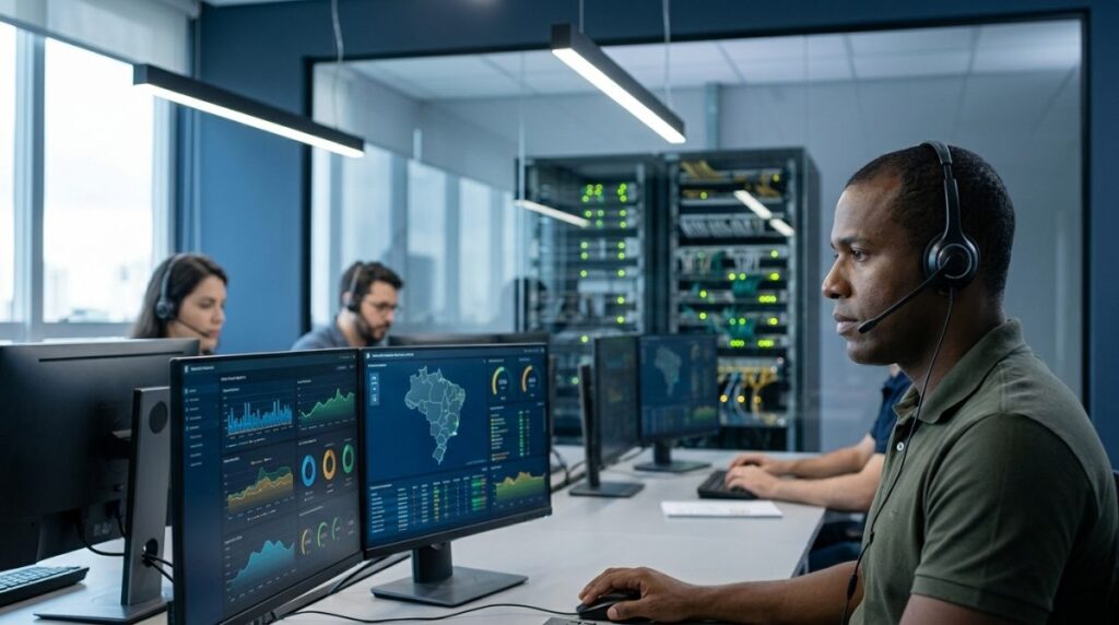 Analista em centro de operações de TI acompanhando painéis de monitoramento de rede e servidores em rack