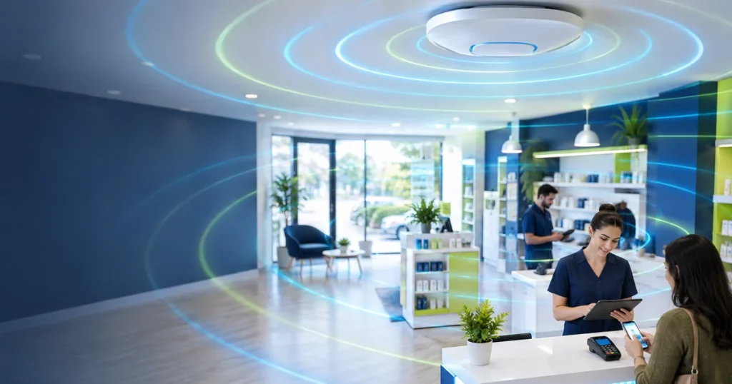 Ponto de acesso de Wi-Fi corporativo no teto distribuindo sinal por todo o ambiente de uma pequena empresa.