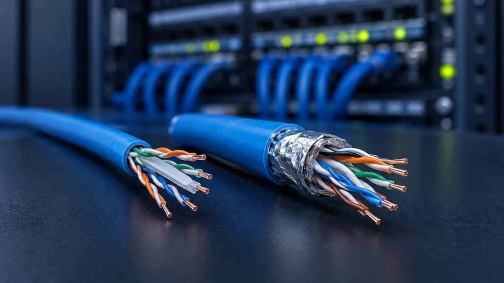 Comparação entre cabo de rede CAT6 e CAT6A com blindagem, usados em cabeamento estruturado