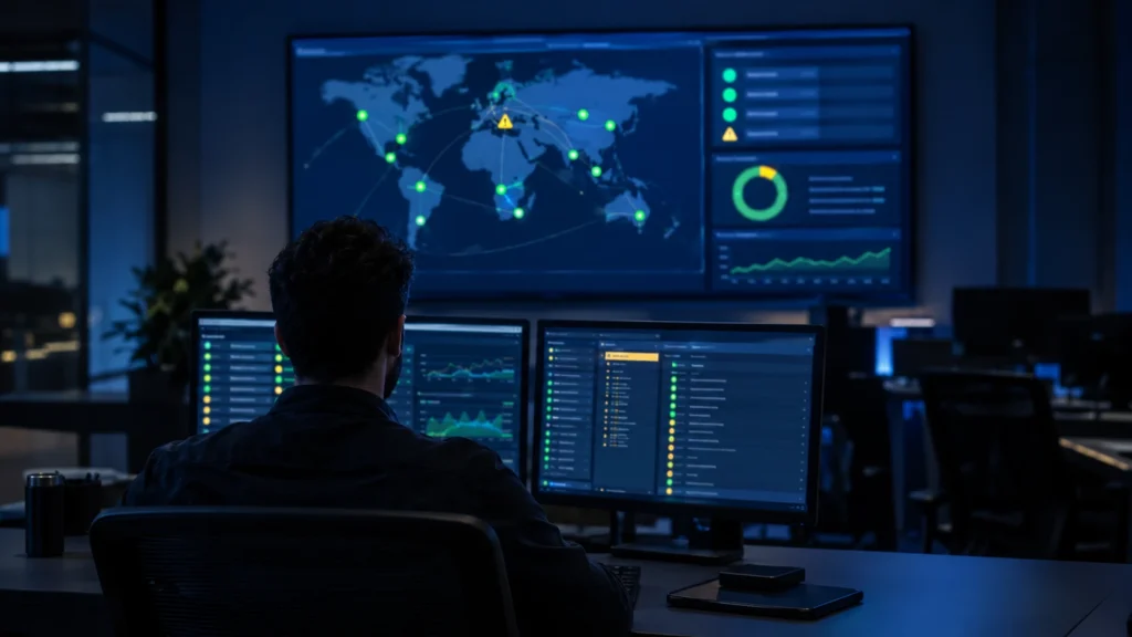 Técnico acompanhando painel de monitoramento proativo com o status das unidades de uma empresa
