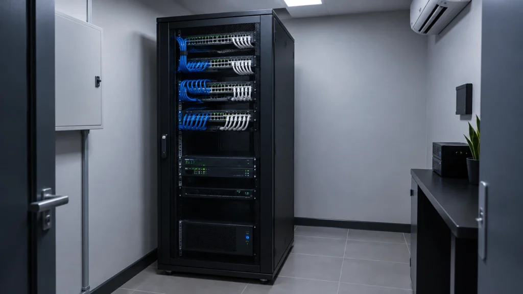 Sala técnica de pequena empresa com rack de rede organizado, nobreak e climatização