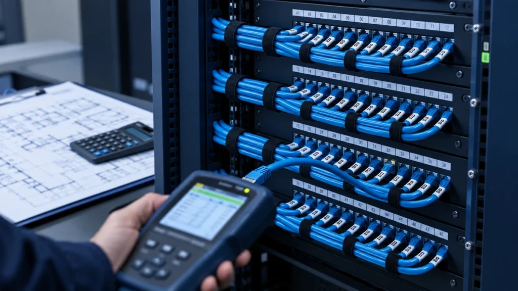 Técnico certificando pontos de rede em patch panel de rack corporativo